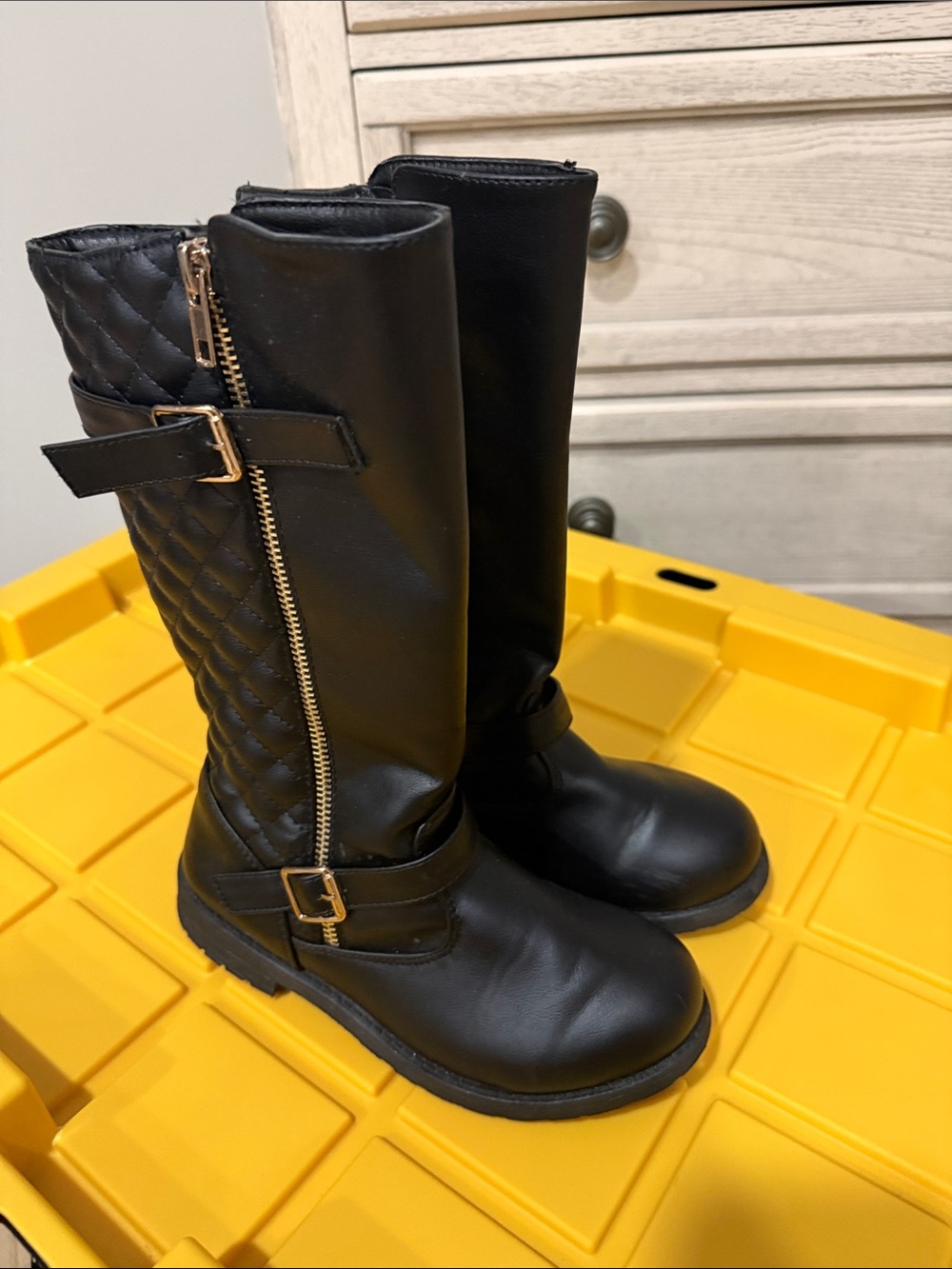 The Children's Place Black Quilted Knee-High Boots with Gold Zipper